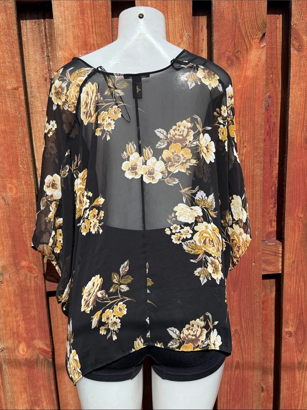 Forever 21 Black Yellow Floral Sheer Chiffon Kimono Cardigan Size S